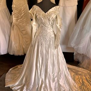 Alfred Ivory Satin Long-Sleeve Wedding Dress with Beaded Bodice